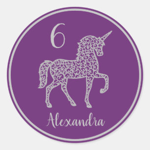 Purple Silver Unicorn birthday party Own name Classic Round Sticker