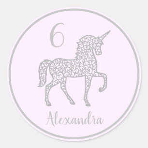 Purple Silver Unicorn birthday party Own name Classic Round Sticker