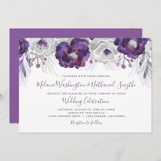 Purple Silver Watercolor Floral wedding Invitation (Front/Back)