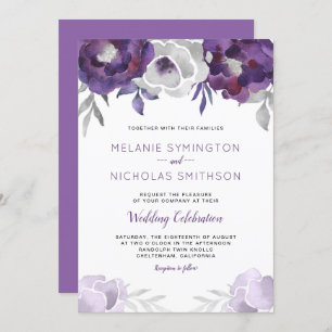Purple Silver Watercolor Floral wedding invitation
