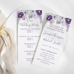 Purple & Silver Watercolor Floral Wedding Program Programme
