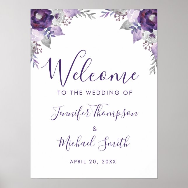 Purple & Silver Watercolor Floral Wedding Welcome Poster (Front)