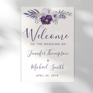 Purple & Silver Watercolor Floral Wedding Welcome Poster