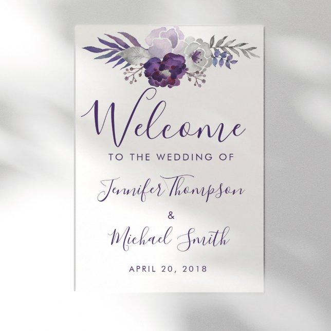 Purple & Silver Watercolor Floral Wedding Welcome Poster (Purple & Silver Watercolor Floral Wedding Welcome Poster)