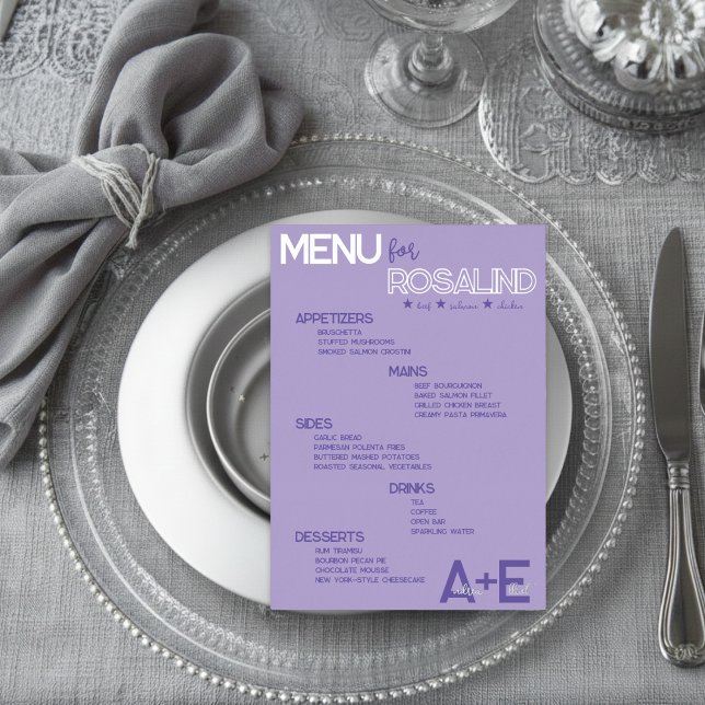 Purple & Silver Wedding Menu Card with Guest Names (Creator Uploaded)