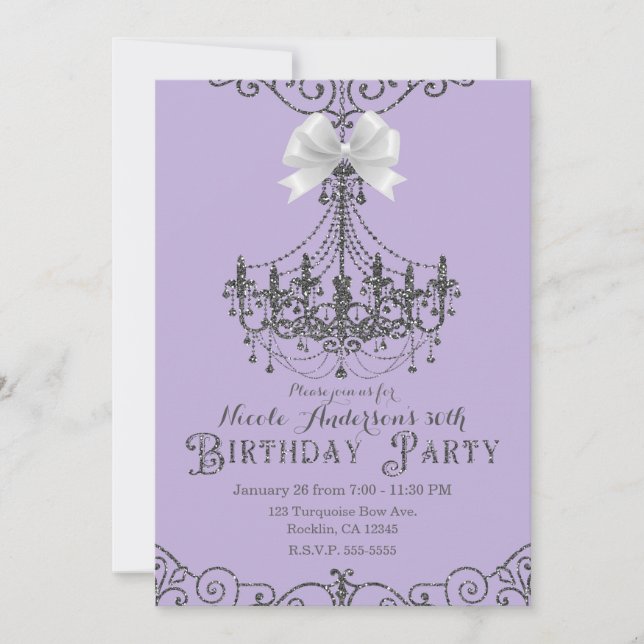 Purple Silver White Bow Birthday Party Any Age Invitation (Front)