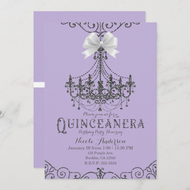 Purple & Silver White Bow Quinceañera 15 15th Invitation (Front/Back)