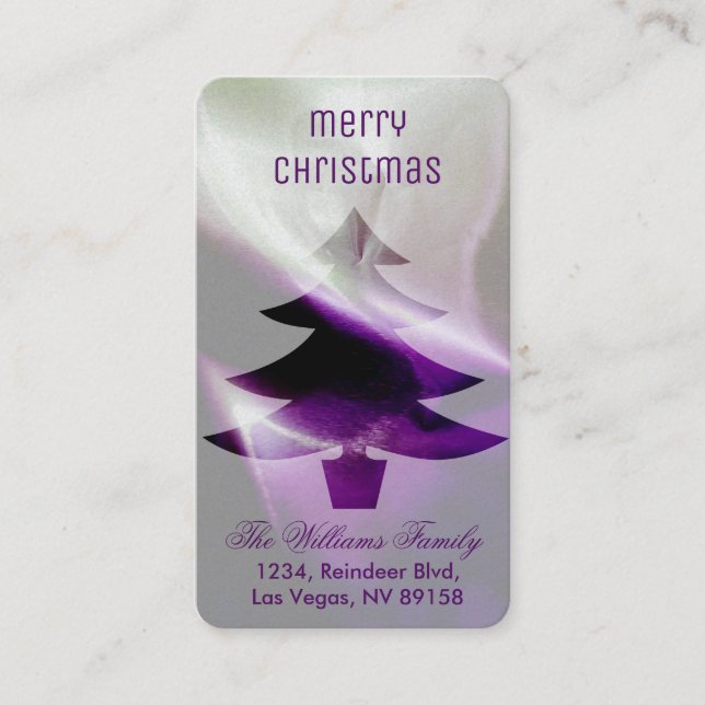 Purple Silver White Christmas Tree Elegant Stylish Business Card (Front)