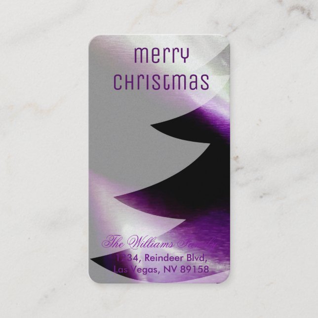 Purple Silver White Christmas Tree Elegant Stylish Business Card (Front)