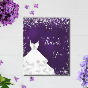 Purple silver white dress glitter glamourous thank you card