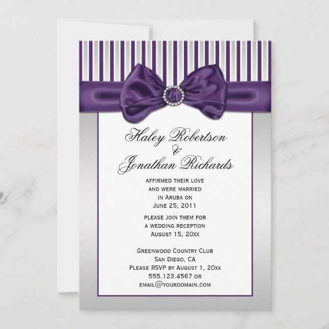 Purple Silver White Stripes Diamonds Post Wedding Invitation (Front)