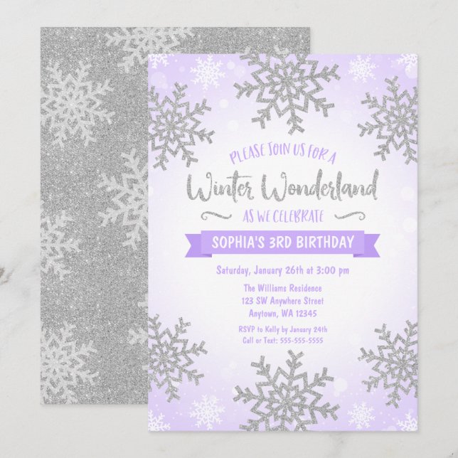 Purple Silver Winter Wonderland Girl Birthday Invitation (Front/Back)
