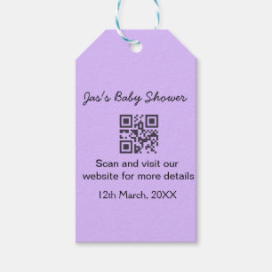 Purple simple baby shower q r code add name text gift tags