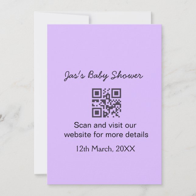 Purple simple baby shower q r code add name text invitation (Front)