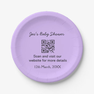 Purple simple baby shower q r code add name text paper plate