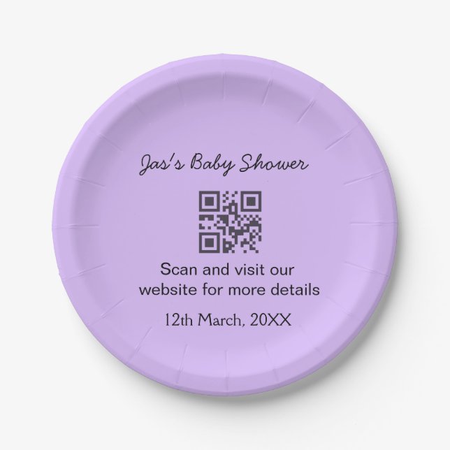 Purple simple baby shower q r code add name text paper plate (Front)