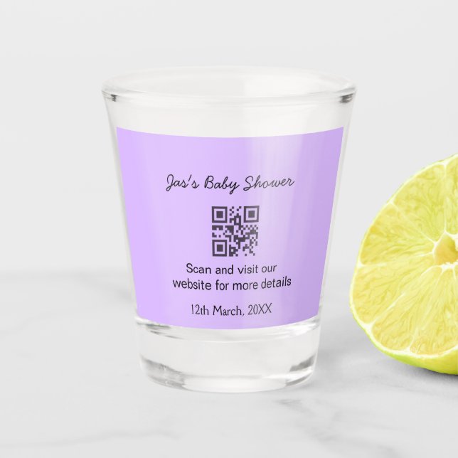 Purple simple baby shower q r code add name text shot glass (Front)