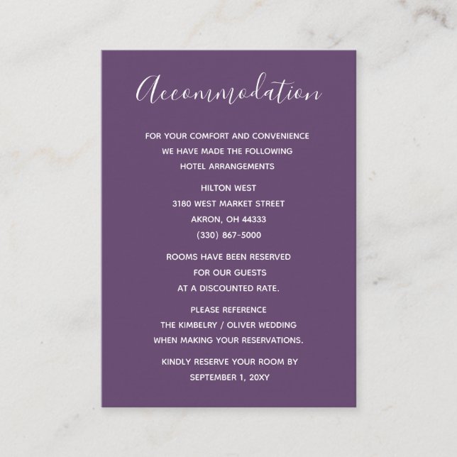 Purple Simple Calligraphy Modern Wedding  Enclosure Card (Front)