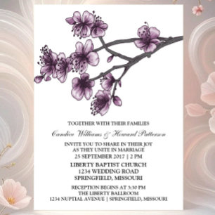 Purple Simple Cherry Blossoms Wedding Invite