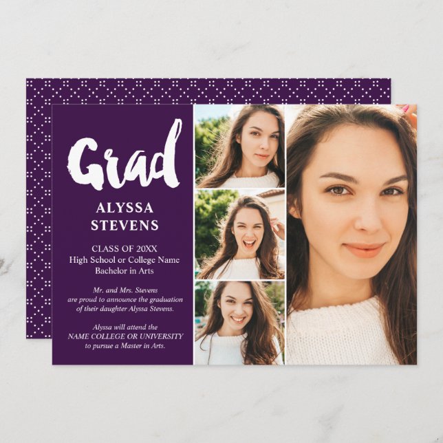 Purple simple Grad script 4 photos graduation Invitation (Front/Back)