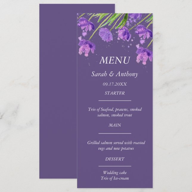 Purple Simple Minimalist Floral Wedding Food  Menu (Front/Back)