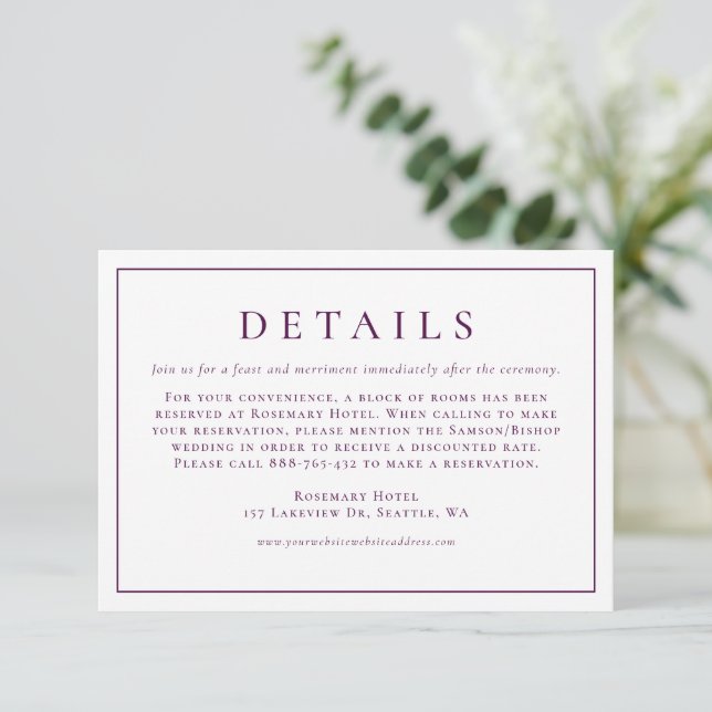 Purple Simple Typography Formal Wedding Details Enclosure Card (Standing Front)