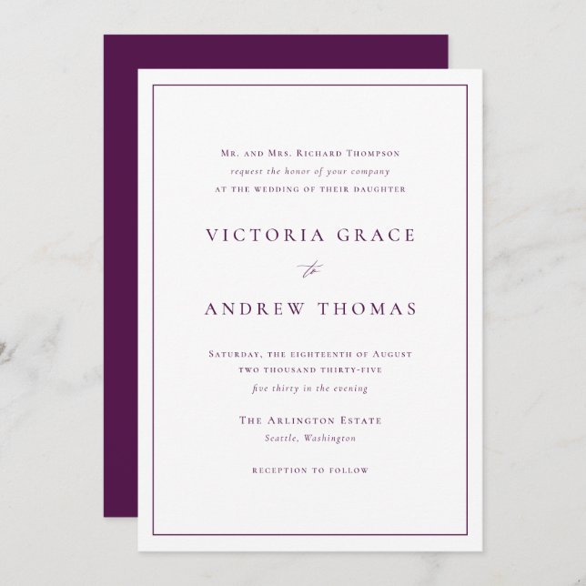 Purple Simple Typography Formal Wedding Invitation (Front/Back)