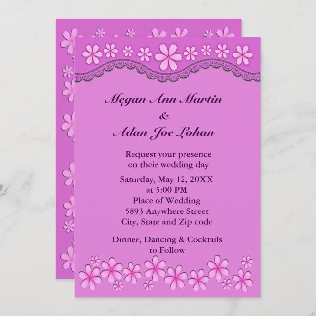 Purple Six Petal Pink Flowers Wedding Invitation (Front/Back)