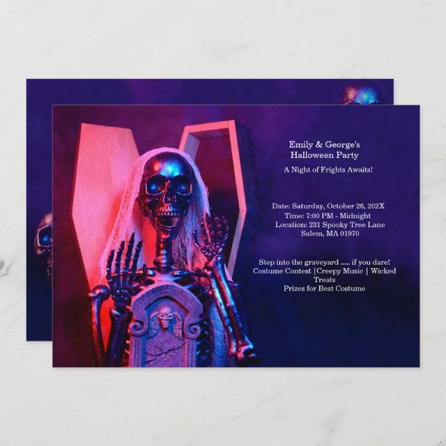 Purple Skeleton Coffin Halloween Party  Invitation (Front/Back)