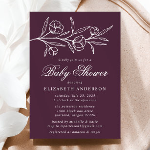 Purple Sketched Floral Baby Shower Invitation