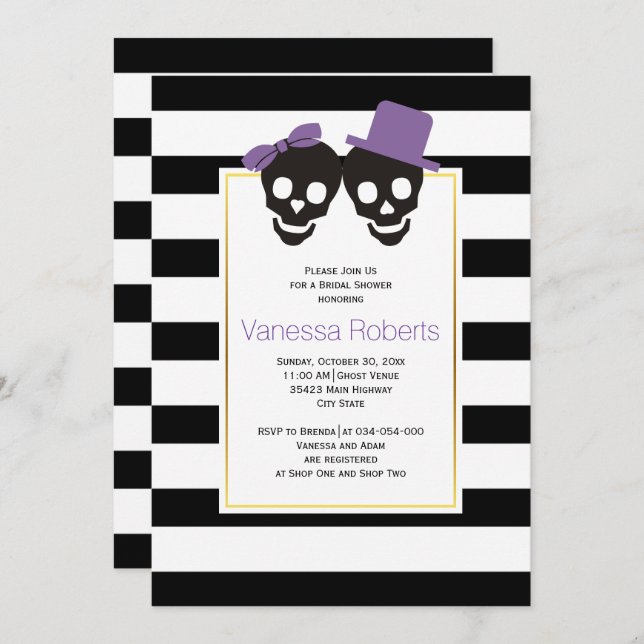 Purple skulls and stripes wedding bridal shower invitation (Front/Back)