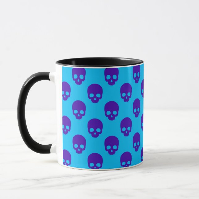 Purple Skulls on Bright Blue Halloween Mug (Left)