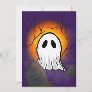 Purple Sky Orange Moon Ghost in graveyard Invitation