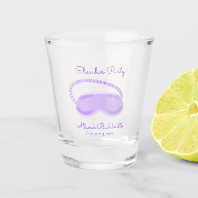 Purple Sleep Mask Bachelorette Slumber Party Shot Glass (Front)
