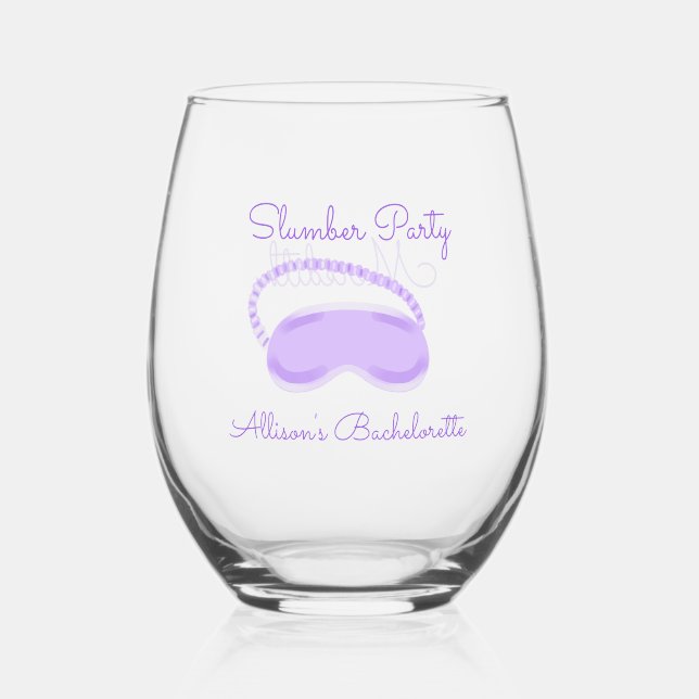 Purple Sleep Mask Bachelorette Slumber Party Stemless Wine Glass (Front)