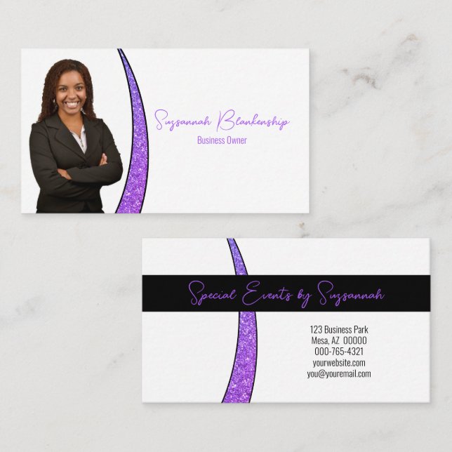 Purple Sliver Faux Glitter Professional Photo Business Card (Front/Back)