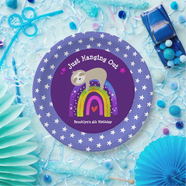  Purple Sloth Boho Rainbow Birthday Cute Paper Plate (Party)