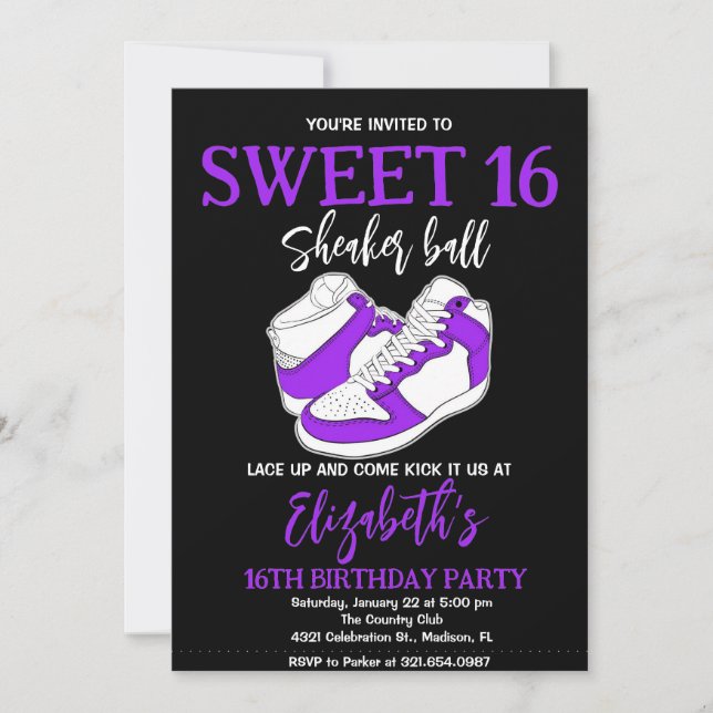 Purple Sneaker Bash Birthday Party Invitation (Front)