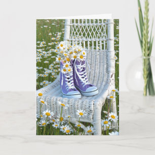 purple sneakers with daisy bouquet card