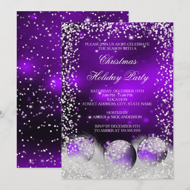 Purple Snow Bauble Christmas Holiday Party Invitation (Front/Back)