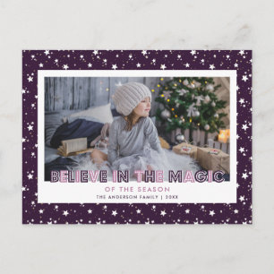 Purple Snow Stars Believe Photo Holiday Postcard