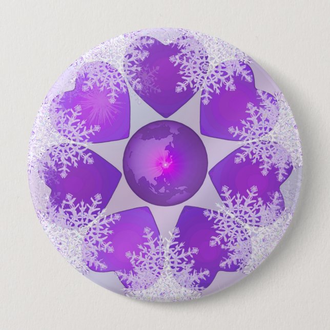 Purple snowflake 10 cm round badge (Front)