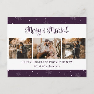Purple Snowflake Botanical Newlywed Photo Holiday Postcard
