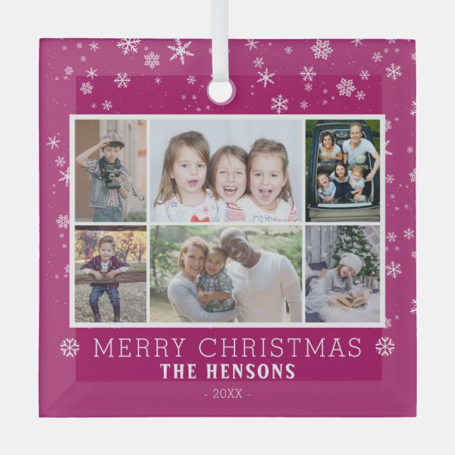 Purple Snowflake Christmas Family 6 Photo Collage Glass Tree Decoration (Front)