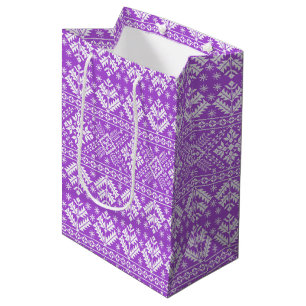 Purple Snowflake & Floral Fair Isle Christmas Medium Gift Bag