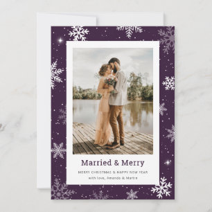 Purple Snowflake Married and Merry Photo Newlywed Holiday Card