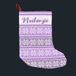 Purple Snowflake Nordic Sweater Pattern Small Christmas Stocking<br><div class="desc">Personalised Christmas stocking featuring a purple and lavender Nordic snowflake faux knit sweater pattern with a name in your choice of font style (shown in a modern calligraphy script). Choose from 2 sizes, different fabrics and two-sided options on the ordering page. ASSISTANCE: For help with design modification or personalisation, colour...</div>