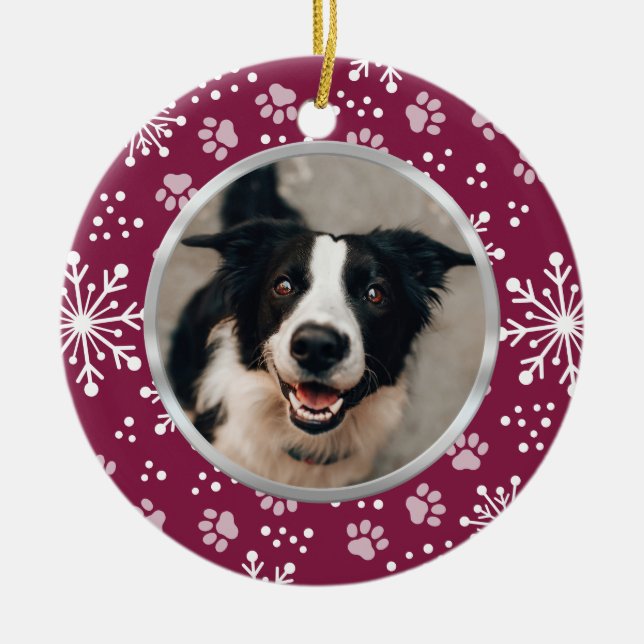 Purple Snowflake Paw Pattern Pet Photo Ceramic Tree Decoration (Front)