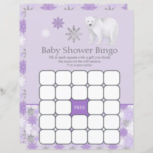 Purple Snowflake Polar Bear Baby Shower Bingo Game