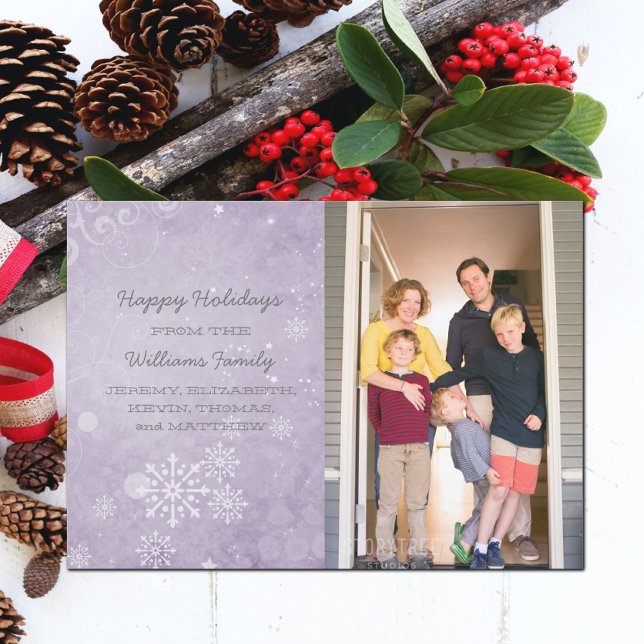 Purple Snowflake Swirls Holiday Photo Flat Card (Purple Snowflake Swirls Holiday Photo Card)